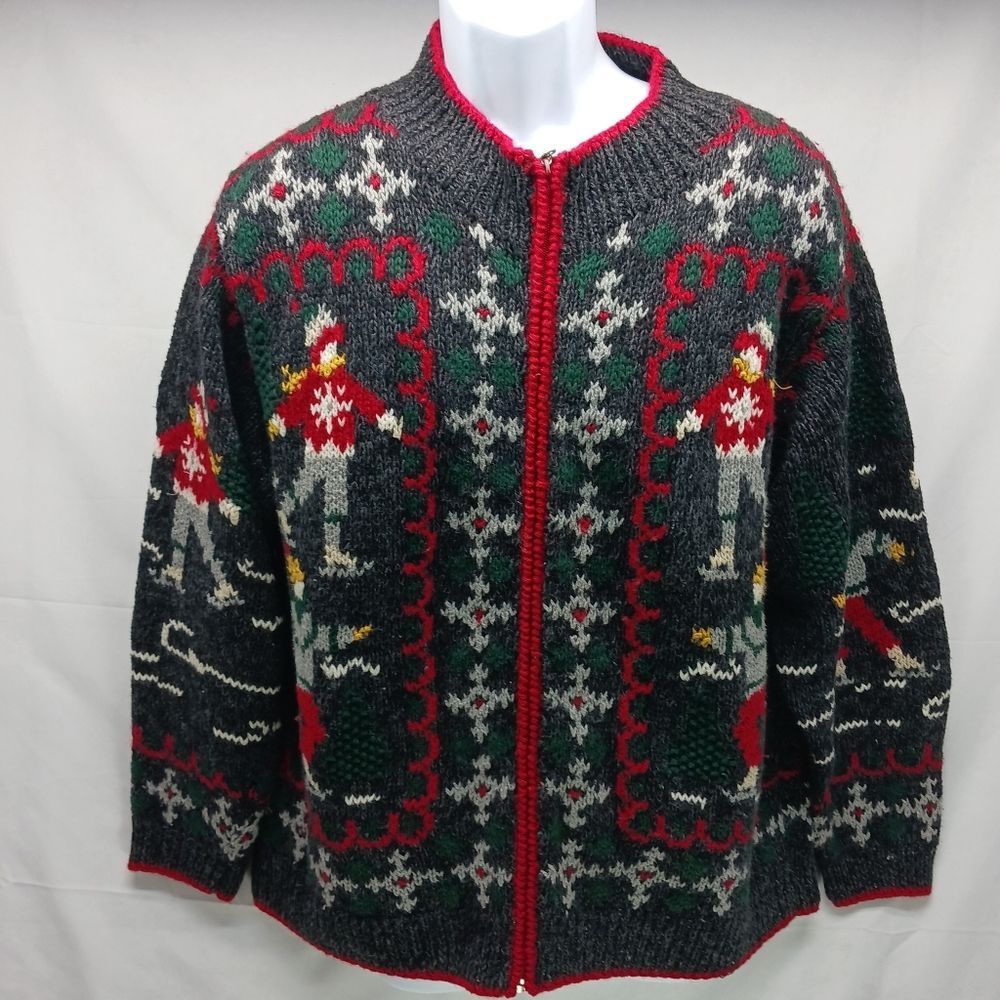 Eagle's Eye Skiers & Snoflake Zip-Up Knit Cardigan Unisex Vintage 90s XL Grey...